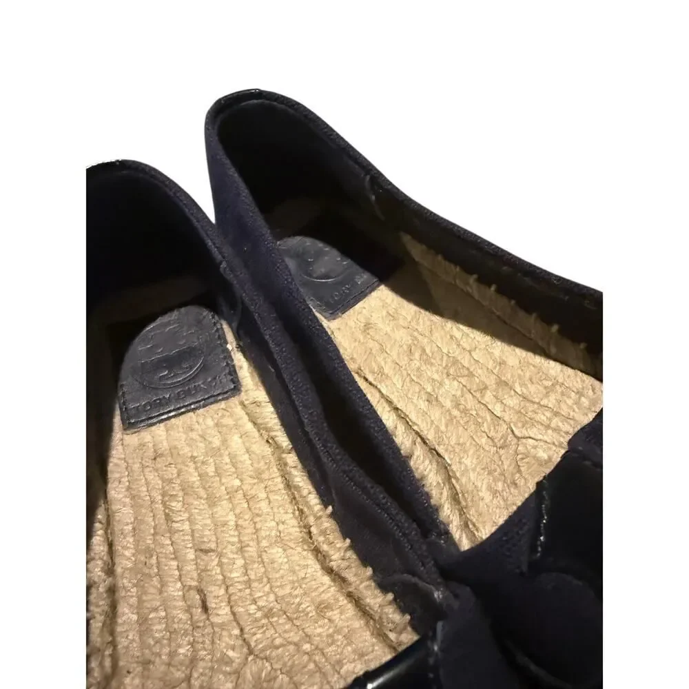 Tory Burch Blue Black Canvas and Patent Leather Poppy Espadrilles Sz. 7.5